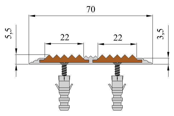 Схема монтажа алюминиевой антискользящей накладки с двумя резиновыми вставками.